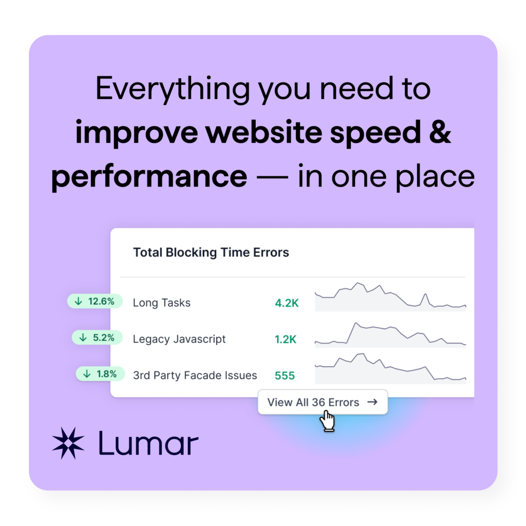 Lumar site speed tools – everything you need to improve website speed and performance – in one place. Image shows Lumar platform UI for a website speed report.