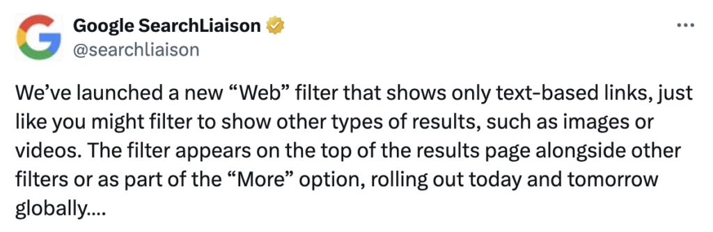 X (Twitter) Post Cap from Google Search Central announcing new WEB Filter in Google SERP Pages