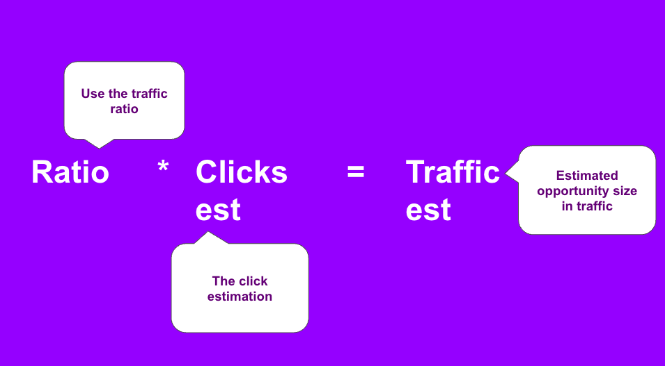Technical SEO forecasting slide - Step 3) Calculate traffic estimate. Use your traffic ratio number - multiplied by your click estimation = traffic estimation.