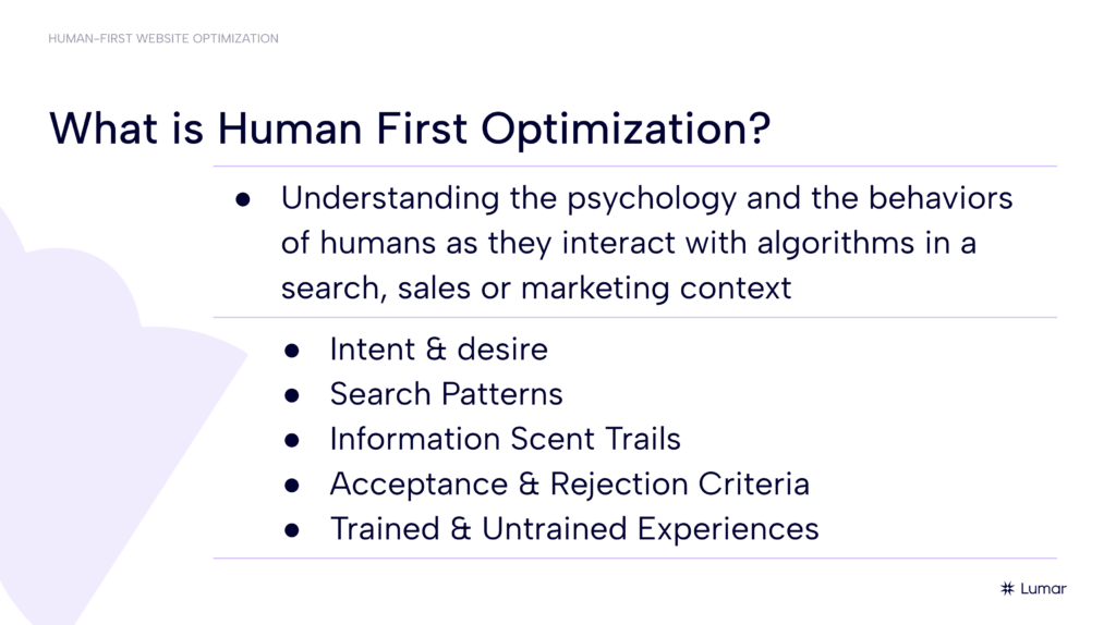 Webinar slide from the Lumar + Red Hat session on human-first website optimization. Slide text reads: "What is human-first optimization? - Undersanding the psychology and the behaviors of humans as they interact with algorithms in a search, sales, or marketing context."