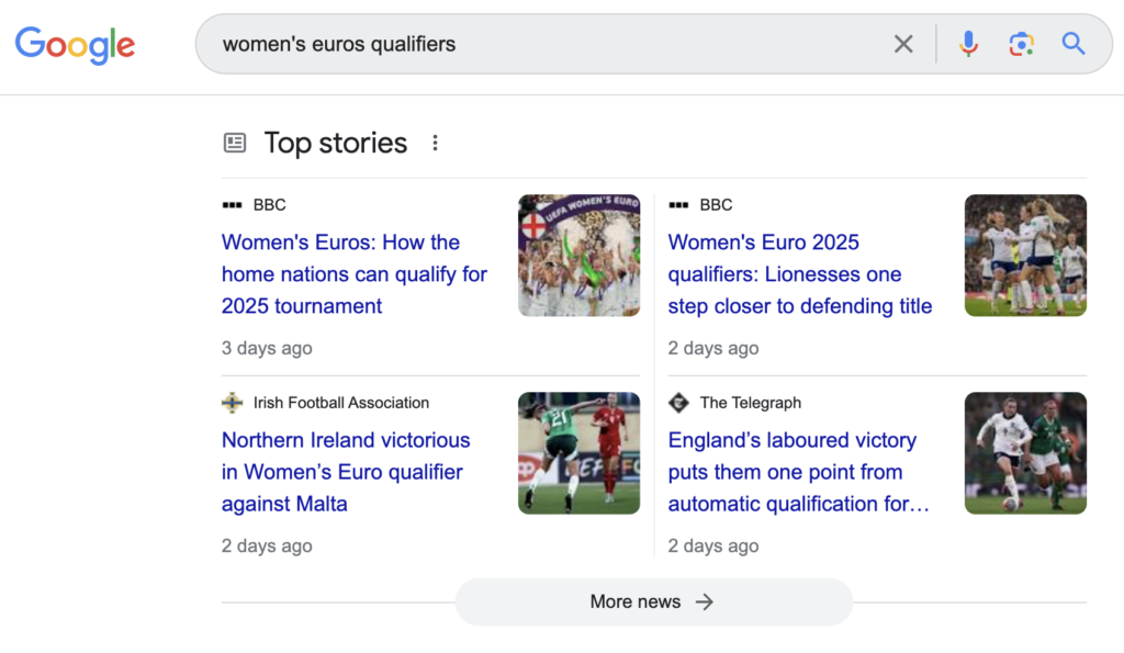 An example of how Google's "Top Stories" block of news web results appears. This example uses Women's Euros 2025 qualifiers as the example search term.