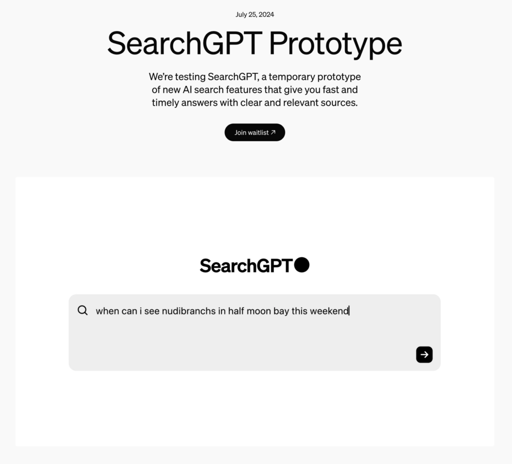 seo industry news screenshot of OpenAI SearchGPT Prototype announcement