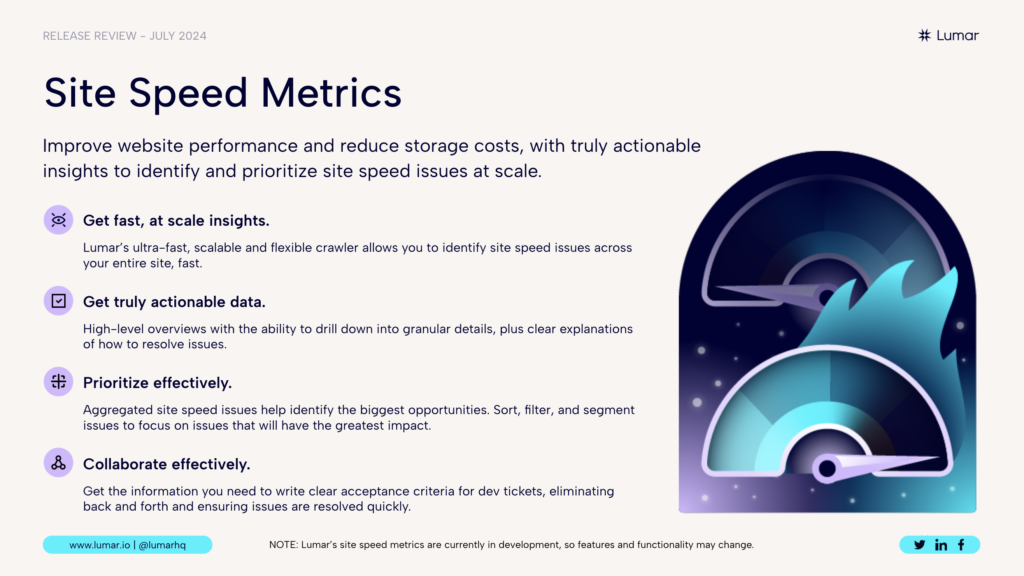 Slide from the Lumar 'product release review' webinar on new site speed metrics in the platform. 