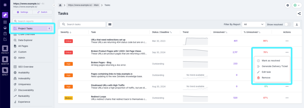 Screenshot of Lumar Analyze Task Manager with the Task Manager option in the left-hand navigation highlighted, and the actions button withthe Generate Delivery Ticket option visible and highlighted on the right