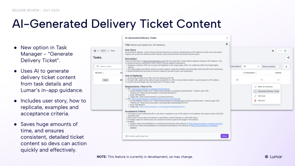 slide from Lumar platform release review webinar - outline of upcoming AI-generated dev ticket creation tools.