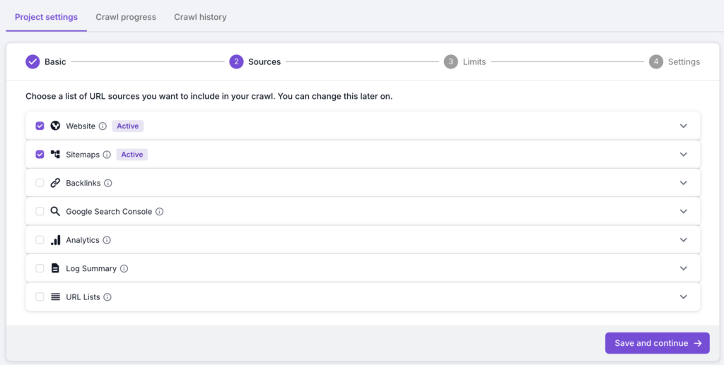 Screenshot of Step 2 of the crawl setup process, showing the website and sitemaps crawl sources selected. 