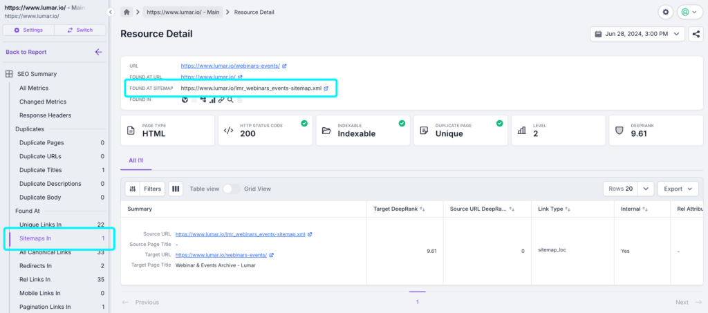 Screenshot of the Lumar Analyze resource detail page with the sitemaps in section in the left-hand navigation, and the 'Found at Sitemap' result highlighted. 