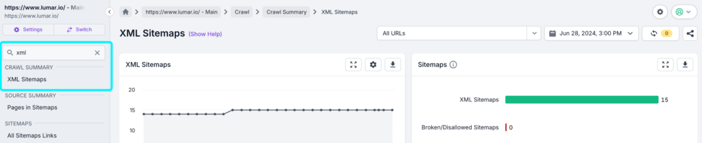 Screenshot of the top of Lumar Analyze with the search report function with XML typed in an the resulting report underneath highlighted. 