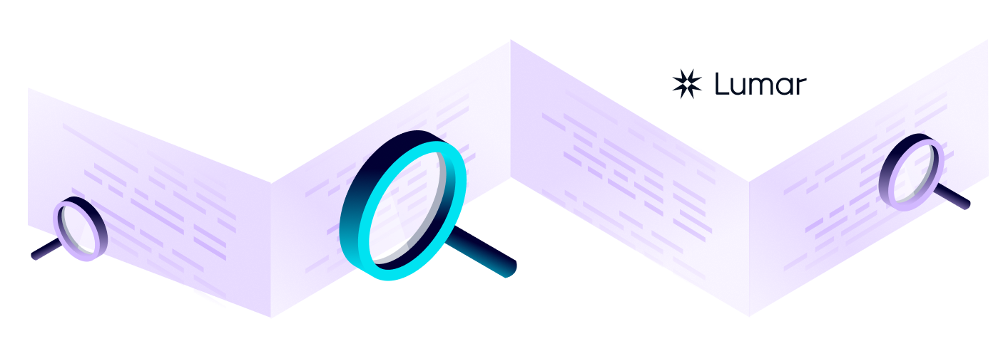 SEO news roundup article banner - with Lumar logo. News article banner includes decorative magnifying glasses representing the organic search industry.