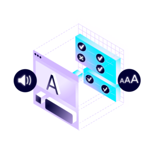 Icon with illustration showing web browser windows with A and AAA tags and checkmarks, representing WCAG level A and AAA compliance.