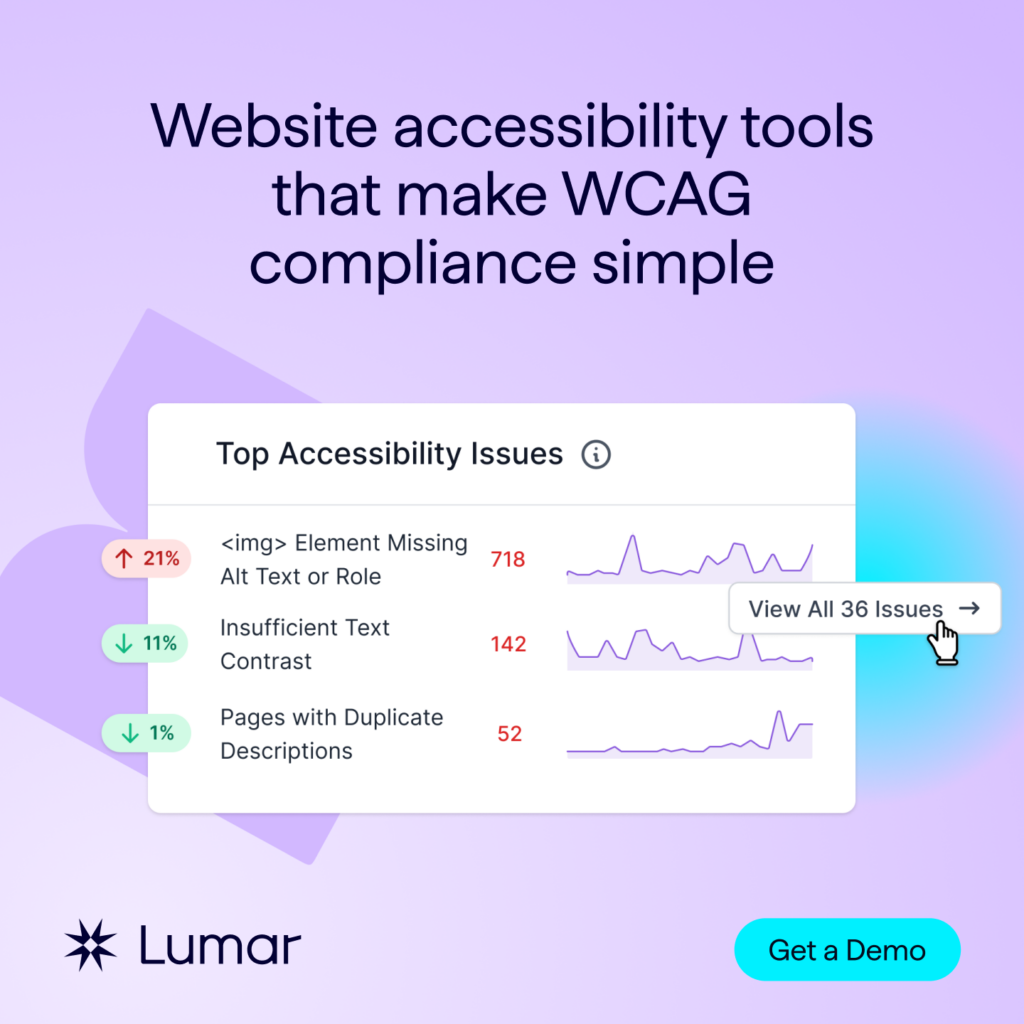 Image shows example of Lumar accessibility tools - showing 'Top Accessibility Issues' found on an example website. Text reads: Website accessibility tools that make WCAG compliance simple.