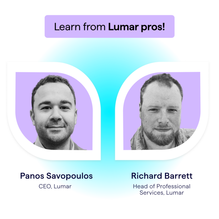 Learn from Lumar pros — image shows photos of our expert webinar speakers, Panos Savopoulos, CEO at Lumar, and Richard Barrett, Head of Pro Services at Lumar