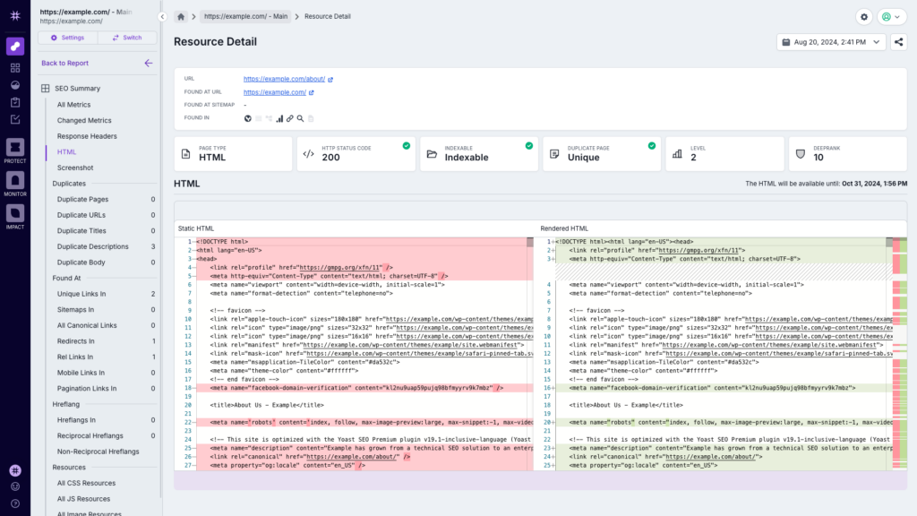 Screenshot of Lumar’s Stored HTML feature in Analyze, showing the static and rendered HTML side-by-side for a specific URL.