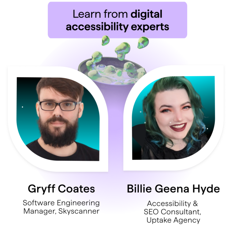 Decorative banner with Halloween themed illustrations - and photos of the Lumar webinar speakers for this Web Accessibility Webinar - Gryff Coates, Software Engineering Manager at Skyscanner, and Billie Geena Hyde, Accessibility and SEO Consultant at Uptake Agency