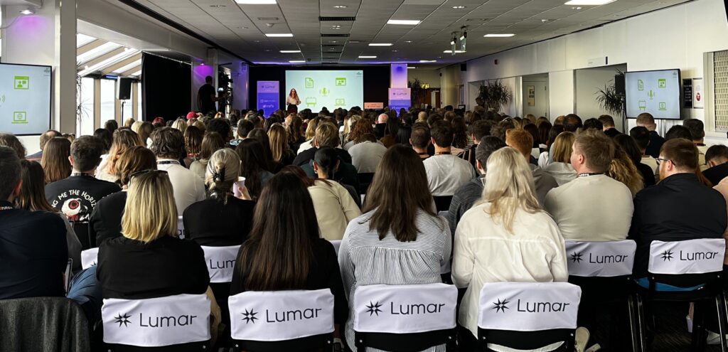 Content strategist Laura McInley discussing her process for planning and setting up a content production pipeline on the Lumar Stage at BrightonSEO 2024.