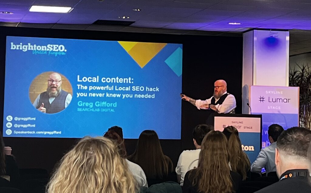 Greg Gifford, Chief Operating Officer at SearchLab Digital, discusses content strategies for local SEO at BrightonSEO 2024, on the Lumar stage