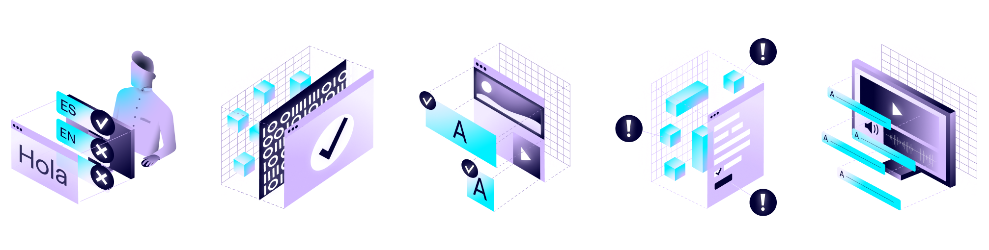 Decorative blog header image, with illustrations of browser windows with checkmarks, WCAG Level AA and A and AAA imagery, and similar illustrations representing elements of website accessibility.