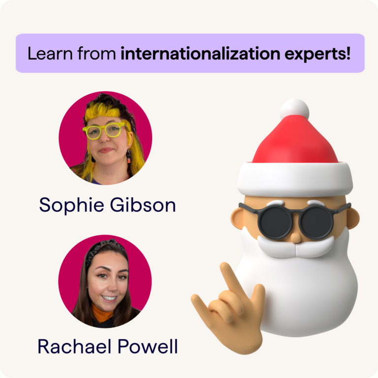 Image shows SEO webinar speakers Sophie Gibson and Rachael Powell, under the banner 'Learn from internationalization pros' – image also shows a 3d illustration of a festive santa claus character giving a metal hand sign and wearing sunglasses.