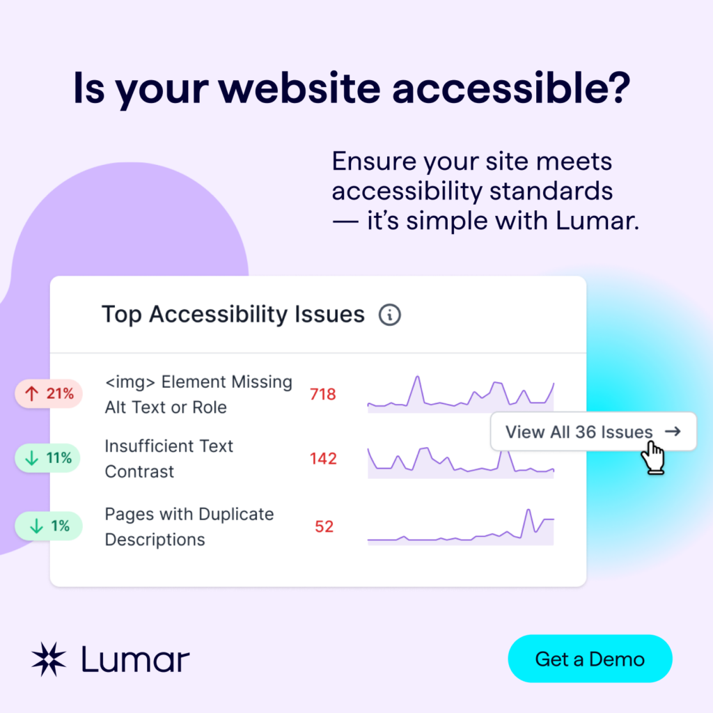 Is your website accessible? Ensure your website meets accessibility standards – it's simple with Lumar. (image shows a chart of 'top accessibility issues' as an example of the types of a11y issues that Lumar can identify on websites.)