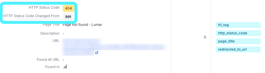 Screenshot from the Lumar Analyze Pages with Changed Status Code report showing a page where the status code has changed from 301 to 404. 