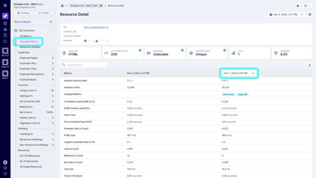 Screenshot of the Lumar Analyze Resource Detail View, showing changed metrics and the ability to choose different crawls highlighted, to see the details of any metrics that have changed.