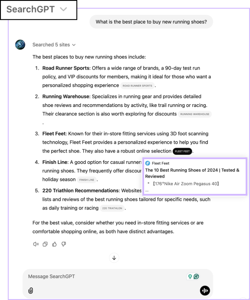 Example search results from SearchGPT - for the query about where to buy new running shoes - note the inclusion of citations and links to external websites in its response.