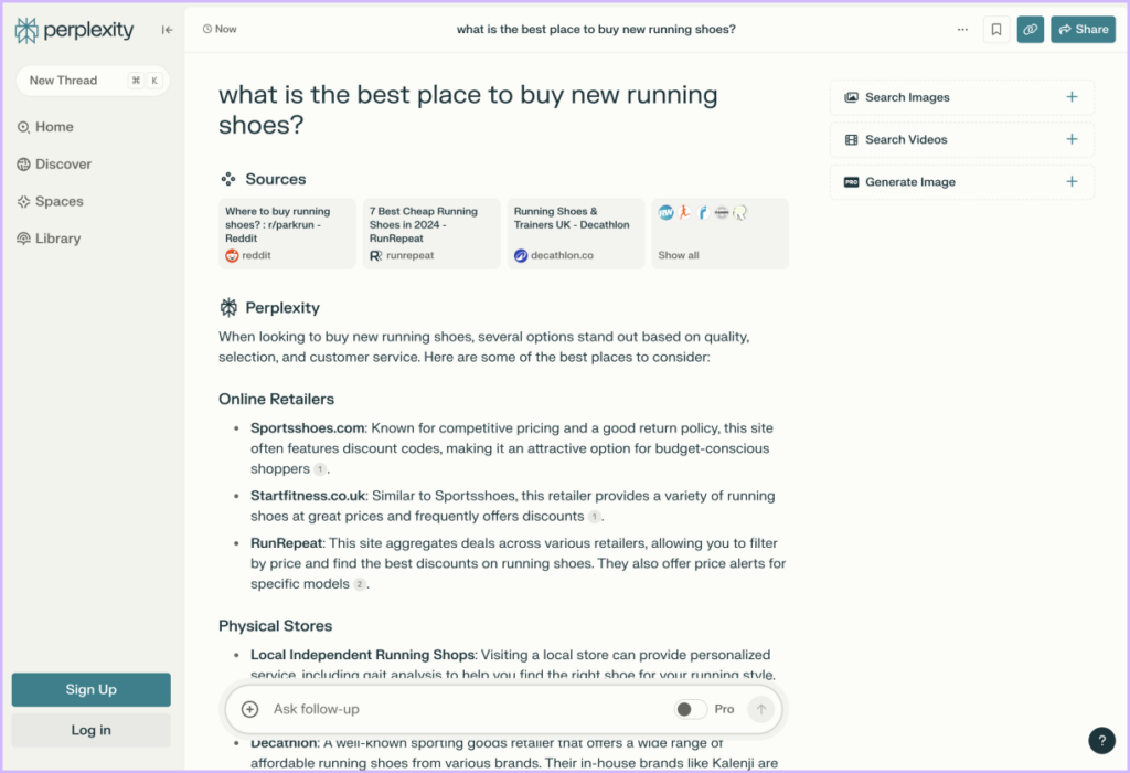 AI search result example from Perplexity - for the query about where to buy running shoes - the platform does return citations and links to external websites.