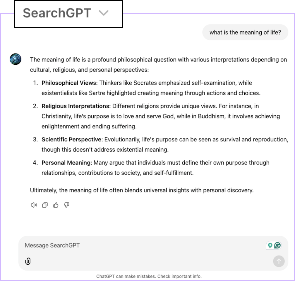 SearchGPT search result with NO citations or links to external websites included - for a more philosophical question on the meaning of life. 