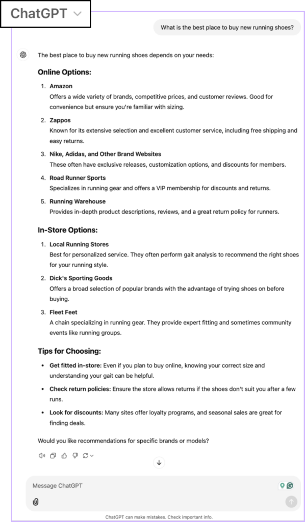 Example of 'search' output from ChatGPT for the query 'where is the best place to buy new running shoes' - ChatGPT's response suggests stores but does not include any links to live websites or citations to where it got this information.