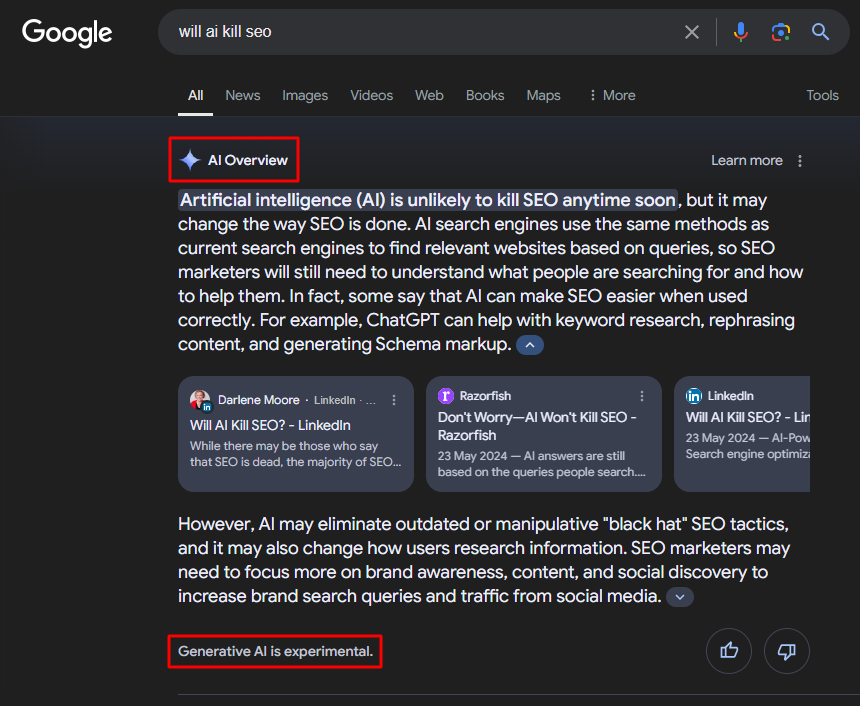 Google AI overview results for the query 'will ai kill seo' - screencap highlights the text that says 'Generative AI is experimental'