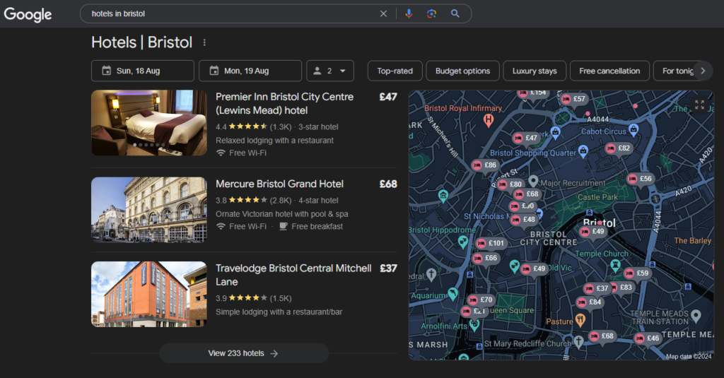 Google rich snippets example for the query 'hotels in bristol' showing Google Maps results and hotel room prices at the top of the SERP