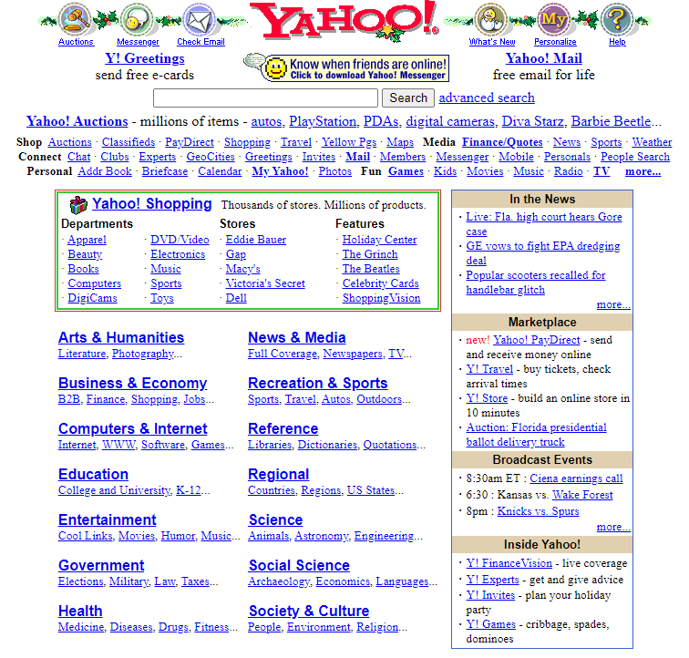 What the Yahoo search engine results page used to look like - screencap via Wayback Machine